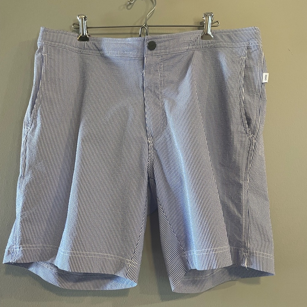 Onia Men’s Blue Striped Swim Shorts. “The Calder” size XL